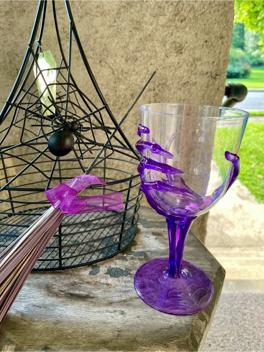 Halloween Party Decor / Wire Basket, Broomstick and Skeleton Wine Goblet (NEW)